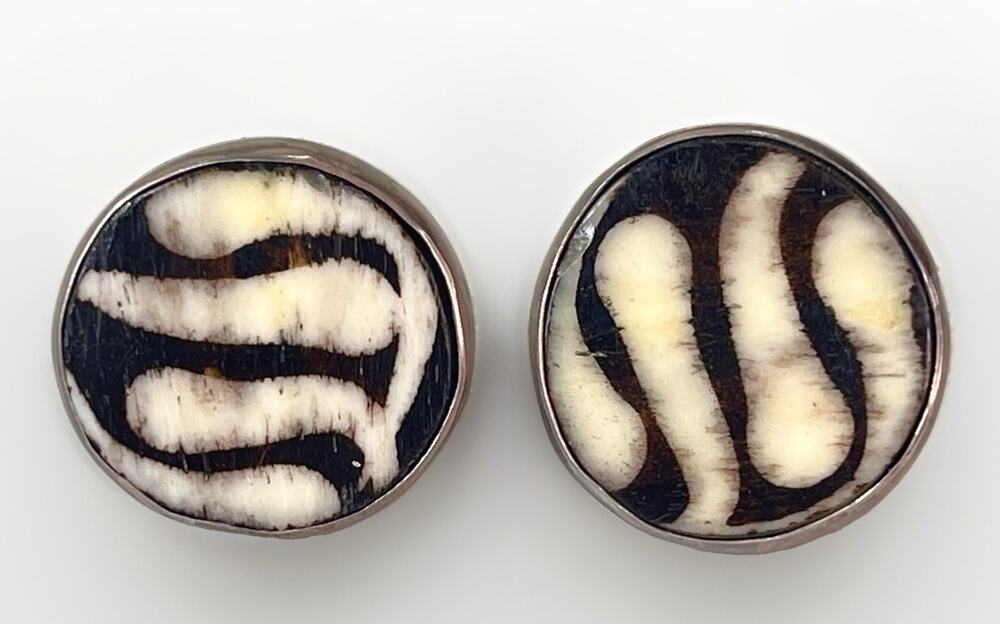 Vintage Black White Striped Sterling Silver 925 Round Stud Earrings 12.4g